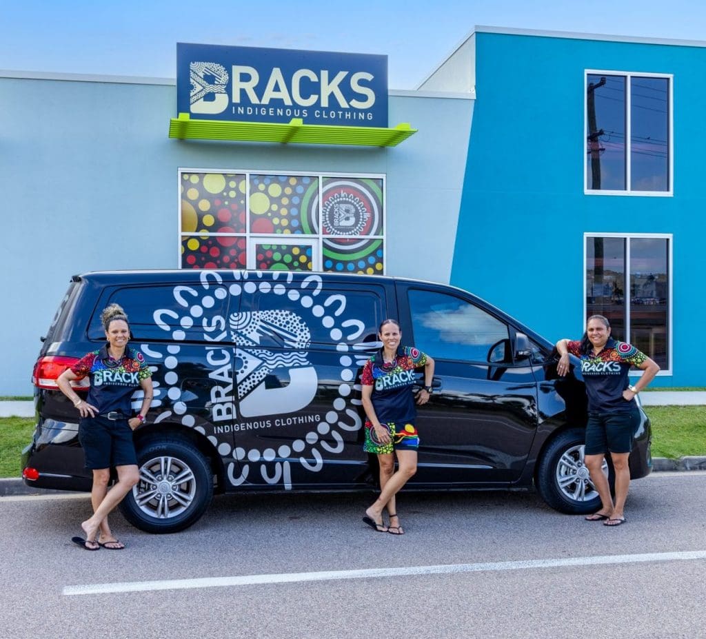 Bianca Brackridge, Sasha Brackenridge and Davina Blair standing in front of BRACKS van and warehouse in Townsville QLD