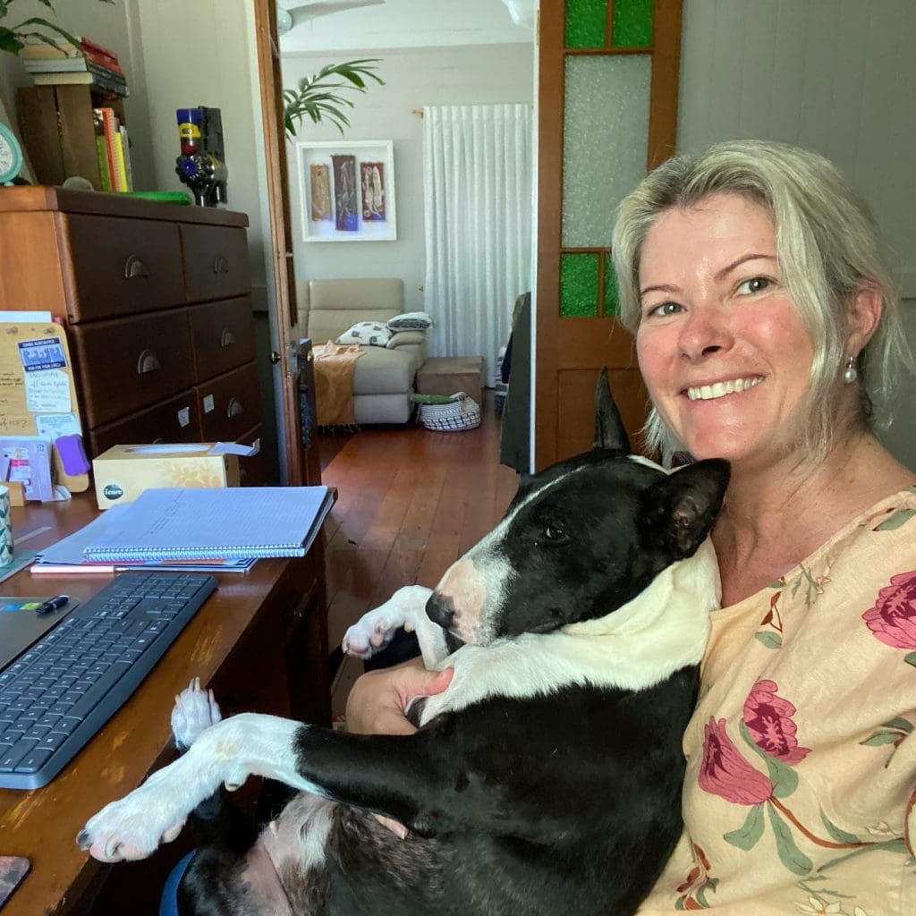 Tara Harrold and her bull terrier Pepper