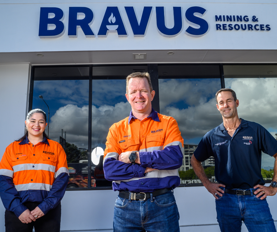 Stephanie Wilson, Mick Crowe, Nigel Webster outside new Bravus head office in Townsville. Bravus Mining: Coal Powered Jobs for North Queensland: BDmag 2023