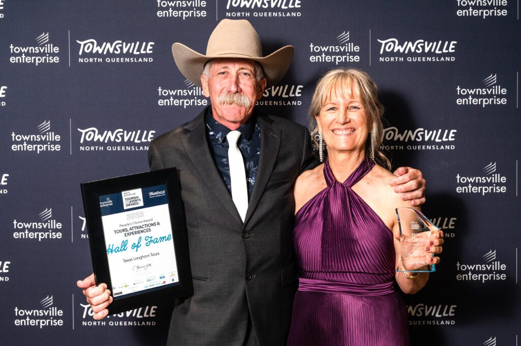 Mick and Lynda Bethel of Texas Longhorn Tours were welcomed into the Hall of Fame at 2023 North Queensland Tourism and Events Awards | BDmag social images November 2023