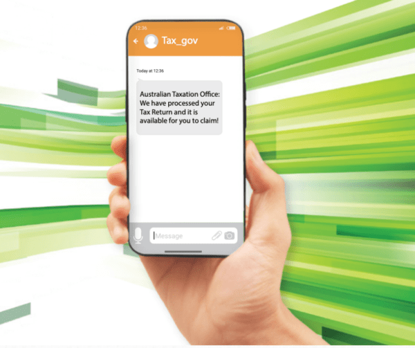 Screenshot of current ATO scam. Text reads Australian Taxation Office: We have processed your Tax Return and it is available for you to claim! BDmag. February 2024