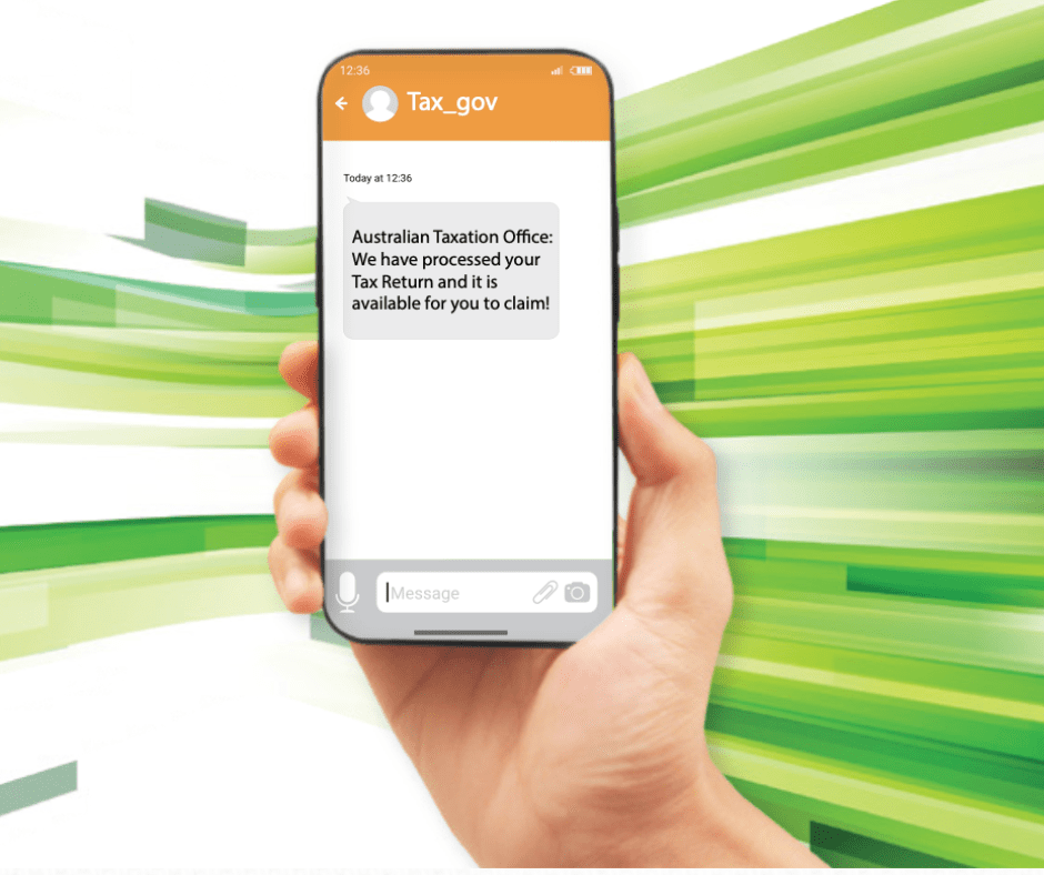 Screenshot of current ATO scam. Text reads Australian Taxation Office: We have processed your Tax Return and it is available for you to claim! BDmag. February 2024