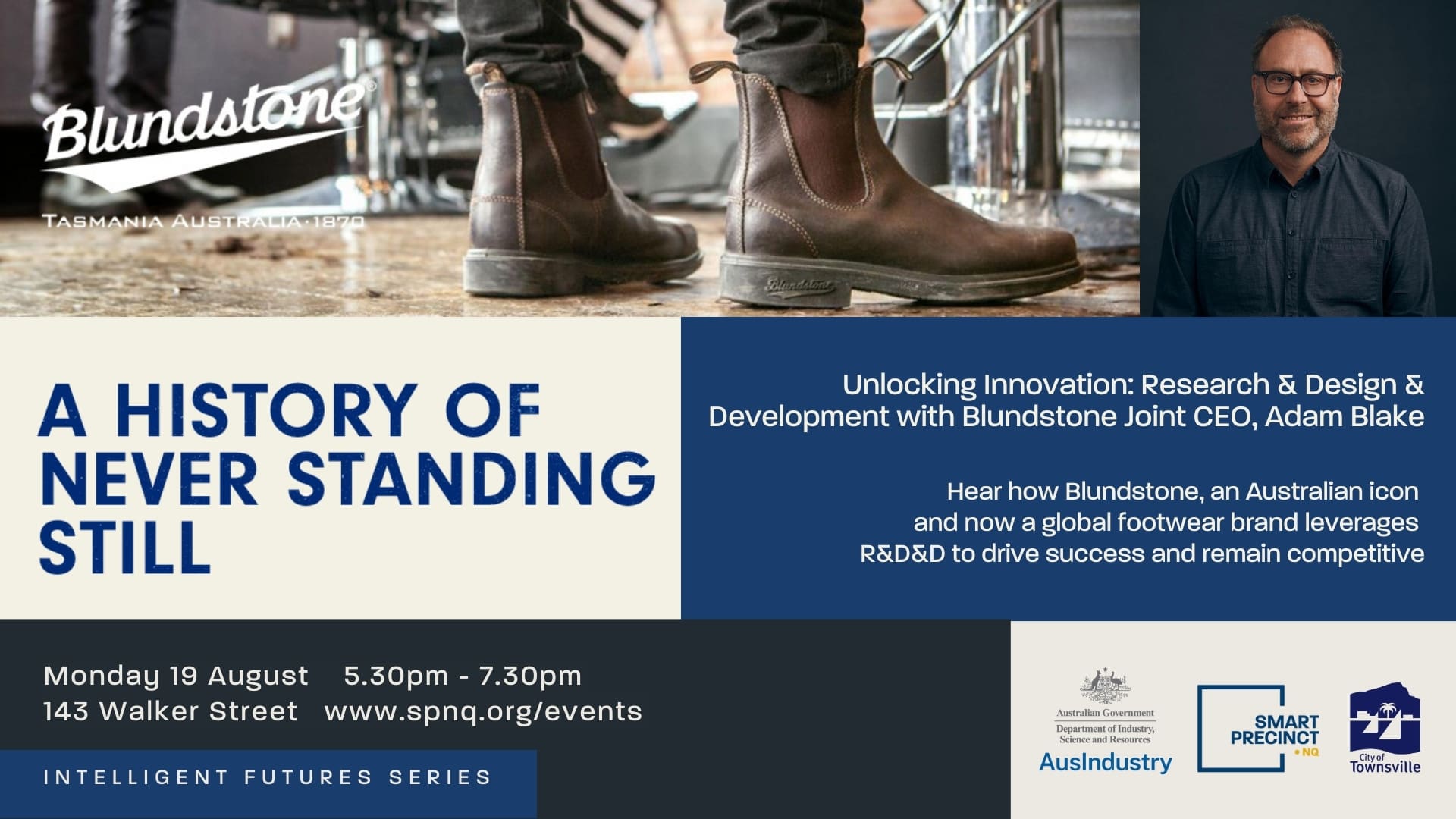 Research & Development & Design with Blundstone. BDmag event header. August 2024